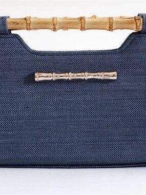 Lisa Lerch Navy Woven Straw Bamboo-Handle with Gold Bamboo Bar on one side